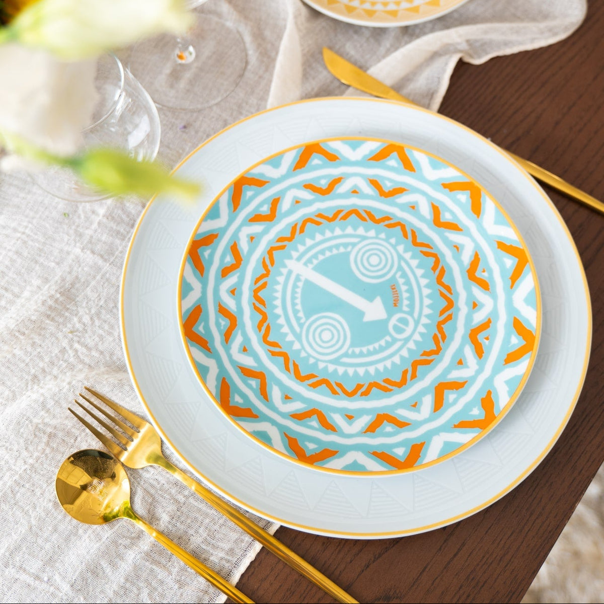 Assiette à Dessert en Porcelaine Fine - Design Bleu Lagon & Orange | WELI
